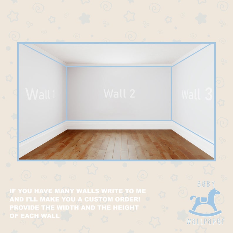 May include: A white room with three walls labeled "Wall 1", "Wall 2", and "Wall 3". The floor is wood. The text "IF YOU HAVE MANY WALLS WRITE TO ME AND I'LL MAKE YOU A CUSTOM ORDER! PROVIDE THE WIDTH AND THE HEIGHT OF EACH WALL" is below the image. The text "Baby wallpaper" is below the image with a rocking horse graphic.
