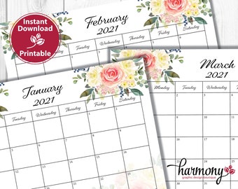 2021 Printable Monthly Calendar, 2021 Monthly Planner, Floral Watercolor Calendar, Instant Digital Download, Monthly Calendar Template, PDF