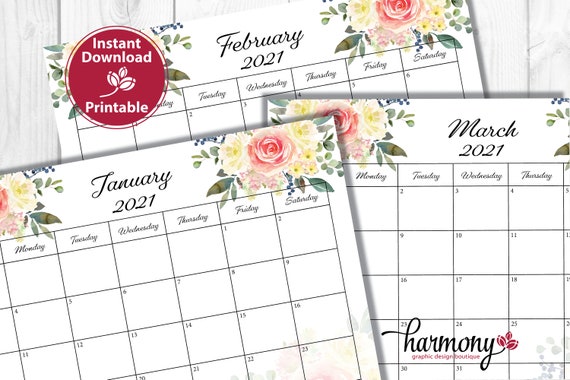 2021 Printable Monthly Calendar 2021 Monthly Planner Floral Watercolor Calendar Instant Digital Download Monthly Calendar Template PDF Etsy