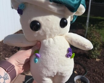 Emerald Green Mushroom Plush Toy, Rose Button Accents, Soft Minky Stuffed Animal