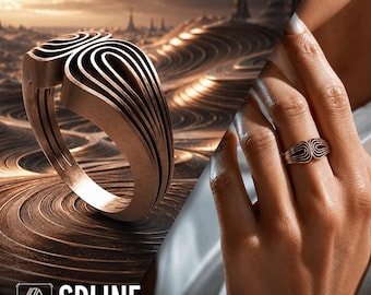May include: A copper-toned ring featuring a series of concentric, layered U-shaped lines that create a ribbed, dimensional surface. The design is symmetrical, with the curved patterns meeting in the center. The word SPLINE is printed in white.