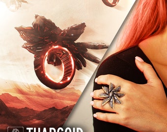 THARGOID - Anel inspirado em Elite Dangerous, prata esterlina, anel alienígena, futurista, ficção científica e fantasia, anel impresso em 3D