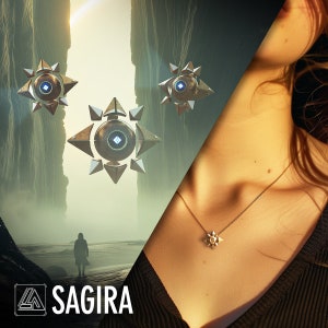 以下が含まれることがあります： 星型の金のペンダントが付いたネックレスをしている女性。ペンダントは画像の中央にあります。背景は、3つの光る球体があるファンタジーな風景のぼやけた画像です。