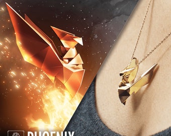 Pingente FÊNIX, estilo origami, pingente de latão banhado a ouro, ficção científica e fantasia, joia impressa em 3D