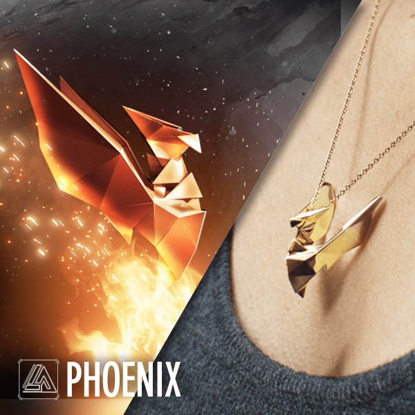 THE PHOENIX pendant, origami style, Gold plated brass pendant, Sci Fi and Fantasy, 3D printed jewel