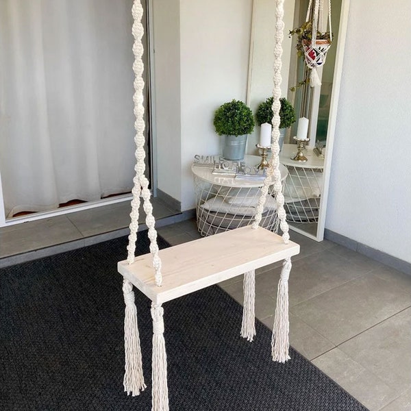 Balançoire en bois de macramé faite à la main, balançoire intérieure/extérieure, chaise balançoire en bois pour enfants et adultes en macramé, décoration de mariage Boho, balançoire d'arbre en bois