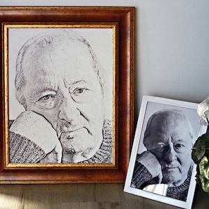 May include: Two framed black and white portraits of an older man with a serious expression. The man is wearing a sweater and has his chin resting on his hand. The portraits are in different sized frames, one with a brown frame and the other with a white frame.