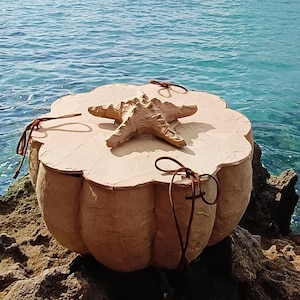Starfish symbol on the wooden lid of a handmade SOUL SEA biodegradable urn designed for water burial