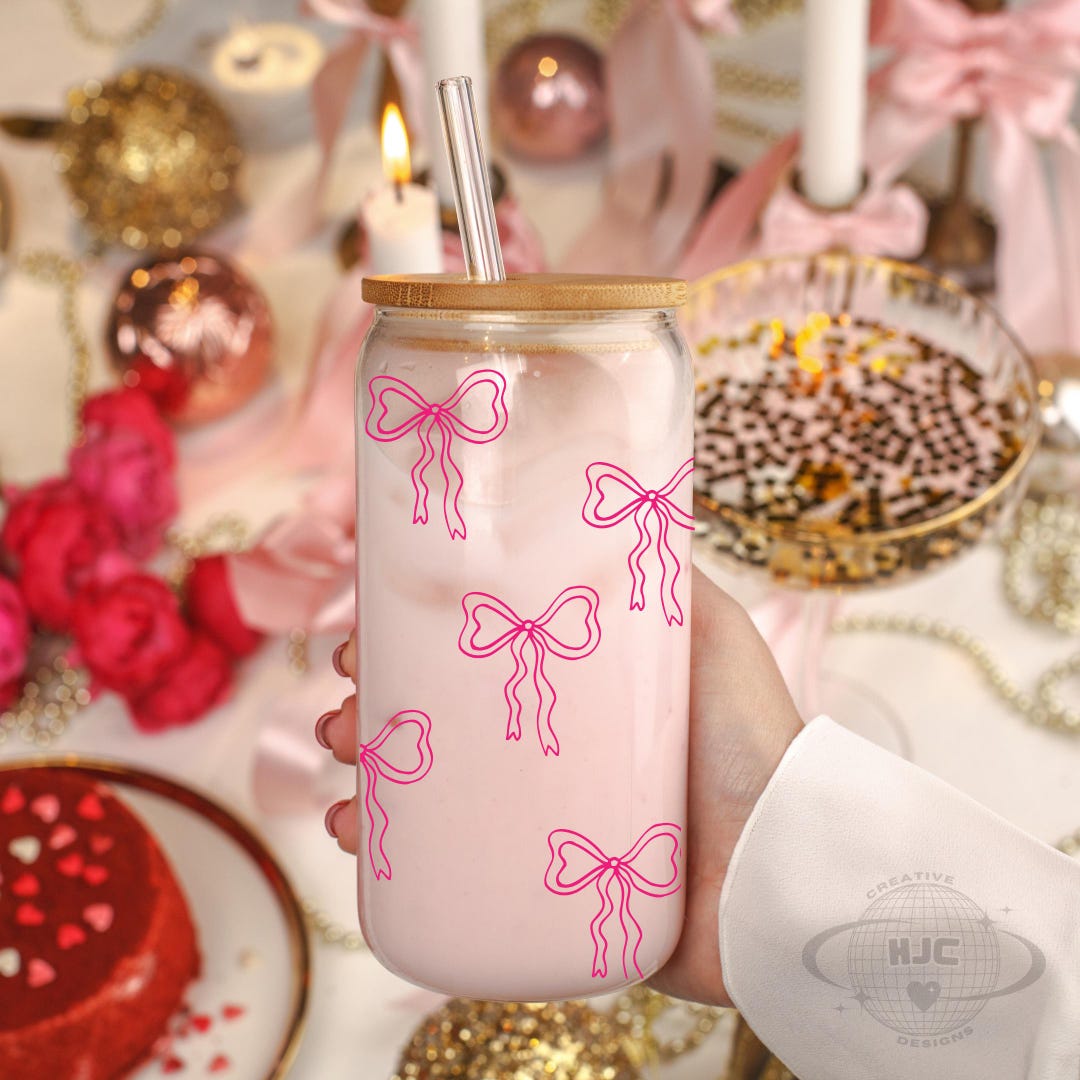 Pink Bow Glass Cup - 16oz Can Glass With Cute Pink Bows | Aesthetic ...