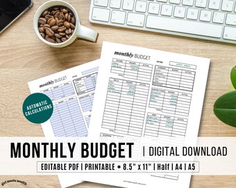 EasyToUse Printable Monthly Budget Spreadsheet, Paycheck Budget Planner, Monthly Bill Tracker, Personal Budget, Spending & Expense Tracker