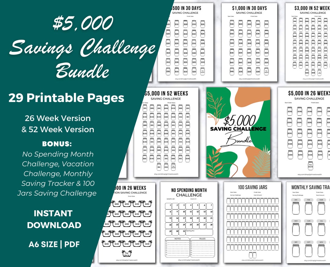 5k Money Saving Challenge Printable BUNDLE, No Spend Challenge, 5000 26 ...