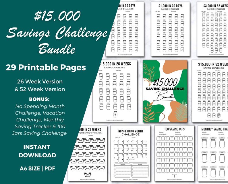15k Money Saving Challenge Printable BUNDLE, No Spend Challenge, 15000 ...