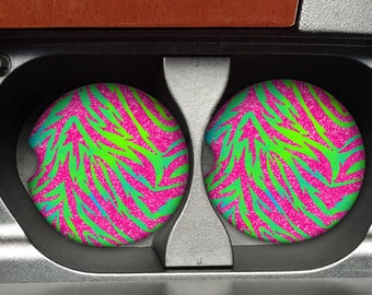 Neon rosa und Lime grün Zebra Druck Sommer Set von 2 Auto Untersetzer Auto Geschenke Strumpf Stuffers