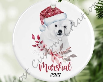 Personalized Santa Hat Polar Bear Ceramic Ornament
