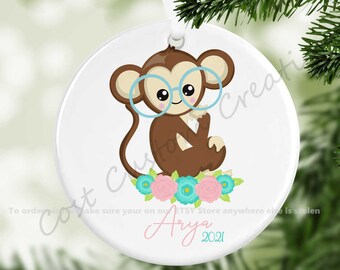 Personalisierte Baby Mädchen Affe Blumen Weihnachtsverzierung Geschenk, Stocking Stuffers, Baby Geschenke