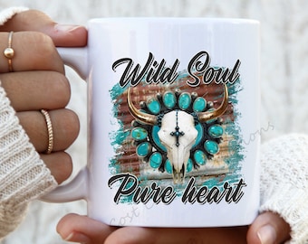 Wild Heart Pure Soul Country Western Aztec Cow Skull Boho Mug, Gifts for Her, Western Mugs, Gifts for Mom