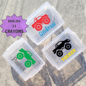 Back To School Supplies Personalized Crayon Box, Monster Trucks Crayon Case, Craft Storage, Kindergarten Supplies, Stacking Crayon Box