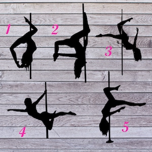 Può includere: Cinque immagini in silhouette nera di una persona che esegue pose di pole dance. Le immagini sono numerate da 1 a 5.
