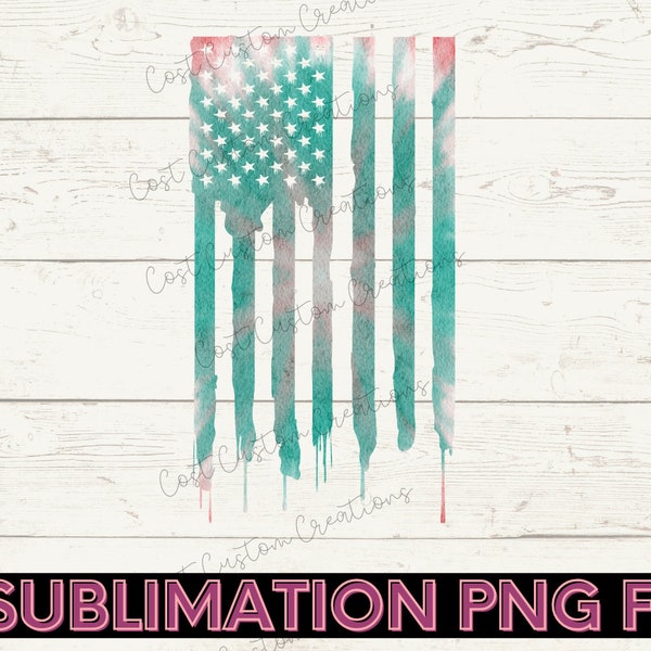 Teal Tie Dye Distressed American Flag Sublimation Design Download Png DTG, Tshirt Design