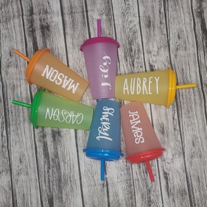 Può includere: Sei bicchieri di plastica colorati con coperchi e cannucce. Ogni bicchiere ha un nome diverso scritto su di esso: Mason, Carson, Aubrey, James, Shirley e Lily.