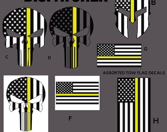 May include: Assorted tow flag decals featuring a black and white American flag with a yellow stripe, a black and white skull with a yellow stripe, and a black and white Spartan helmet with a yellow stripe. The text "DISPATCHER" is at the top of the image.