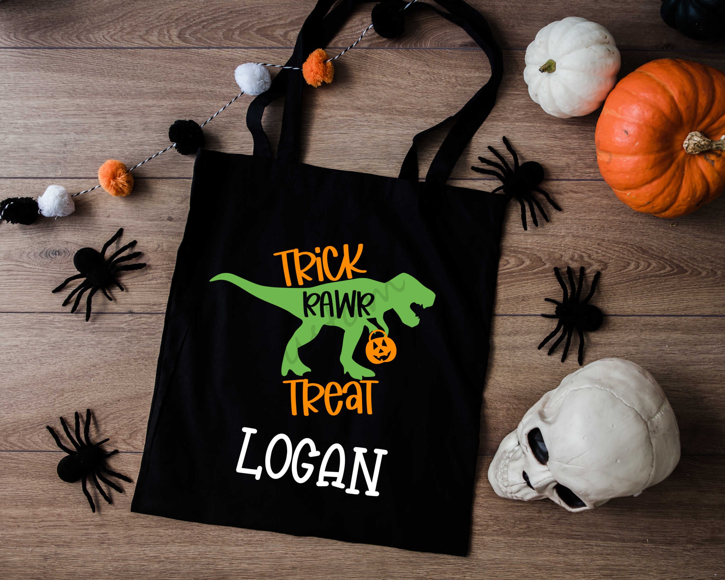 Dinosaur Trick Or Treat Bag, Kids Candy Bag, Personalized Halloween Tote Bag