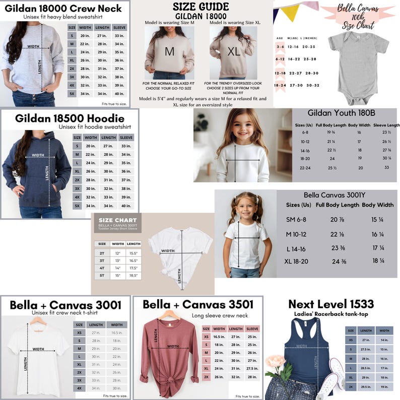 Op de afbeelding: Maattabel voor Gildan 18000, Gildan 18500, Bella + Canvas 3001, Bella + Canvas 3501, Bella Canvas 3001Y, Gildan Youth 180B en Next Level 1533 kleding. De tabel bevat maten voor breedte, lengte en mouwlengte in inches.