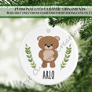 Personalized Childrens Teddy Bear Christmas Ornament ,First Christmas Gift, Baby Ornaments, Woodland Animals