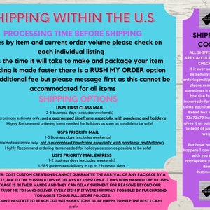 May include: A pink and blue graphic with the text "Shipping Within the U.S." and "Shipping Costs". The graphic provides information about processing time, shipping options, and costs for orders within the United States.