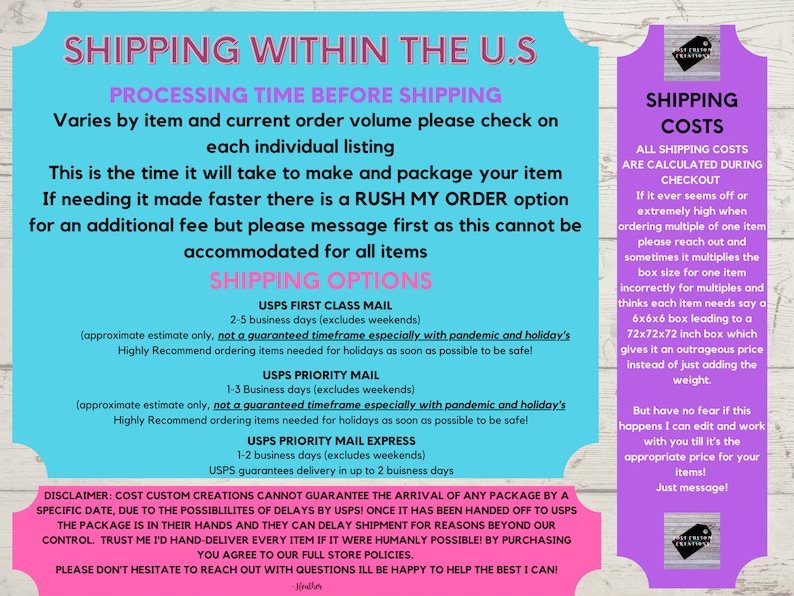 May include: A pink and blue graphic with the text "Shipping Within the U.S." and "Shipping Costs". The graphic provides information about processing time, shipping options, and costs for orders within the United States.