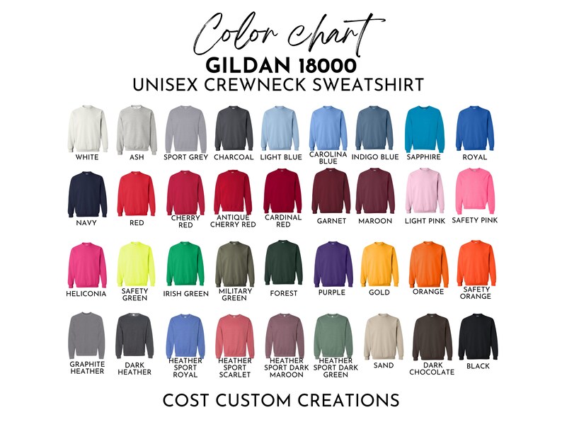 Op de afbeelding: Kleurenkaart voor Gildan 18000 unisex crewneck sweatshirts. De kaart toont een verscheidenheid aan kleuren, waaronder wit, as, sportgrijs, antraciet, lichtblauw, Carolina blauw, indigo blauw, saffier, koninklijk blauw, marineblauw, rood, kersenrood, antiek kersenrood, kardinaalrood, granaat, donkerrood, lichtroze, veiligheidsroze, heliconia, veiligheidsgroen, Iers groen, militair groen, bosgroen, paars, goud, oranje, veiligheidsoranje, grafiet melange, donker melange, heather sport royal, heather sport scarlet, heather sport donker maroon, heather sport donker groen, zand, donker chocolade en zwart.