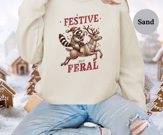Raccoon Feral Festive Christmas Sweatshirt, Christmas Shirt, Womens, Youth, Kids