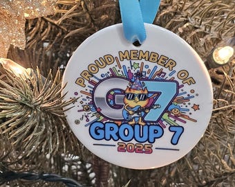 May include: A white ceramic Christmas ornament with a light blue ribbon. The ornament features the text "PROUD MEMBER OF GROUP 7 2025" with a cartoon cat playing a guitar. The background is a colorful design.