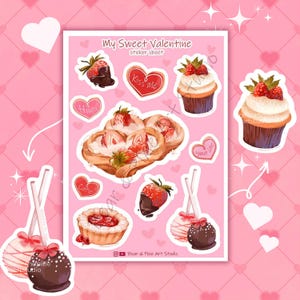 Valentinstag Dessert Sticker Bogen - Food Art - Cupcake dänisch Cake Pop Erdbeeren - Vinyl Holo Sticker
