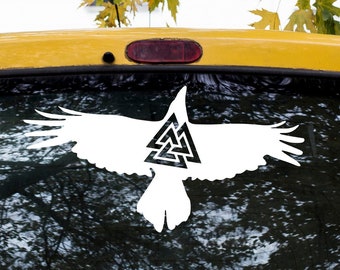 Valknut on a Flying Raven's Back, Hunin or Munin, Aegishjalmur Decal Permanent Adhesive Vinyl Heathen, Asatru, Pagan