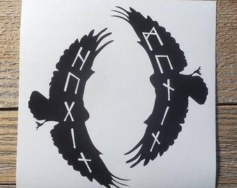 Hugin Munin Odins ravens in Elder Futhark, Decal Permanent Adhesive Vinyl Heathen, Viking, Asatru, Pagan, Shieldmaiden
