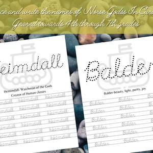 Puede incluir: Dos hojas de trabajo blancas con los nombres "Heimdall" y "Balder" en cursiva, diseñadas para estudiantes de 4º a 7º grado. Cada hoja incluye un contorno punteado para trazar y líneas para practicar. El texto "Trace and write the names of Norse Gods In Cursive" está en la parte superior.