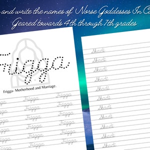 Puede incluir: Una hoja de trabajo blanca con práctica de escritura cursiva. El texto superior dice "Traza y escribe los nombres de las diosas nórdicas en cursiva". La hoja de trabajo presenta los nombres "Frigga" y "Skadi" para practicar.