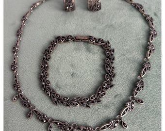 Vintage Markasit Hämatit Schmuckset Halskette Armband Creolen P124
