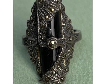 Vintage 925 Sterling Silber Onyx Markasit Statement Ring Sz 5 P159