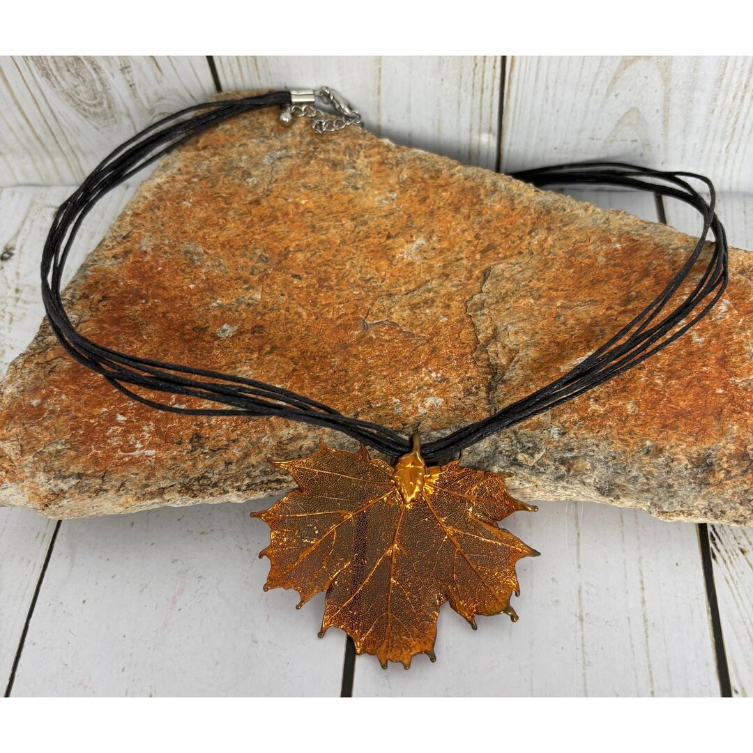 Real Preserved Copper Maple Leaf Necklace Multi Strand Leather Black ...