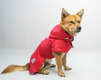 Waterproof dog red raincoat with hood, Pet rain poncho with belly cover, Handmade small medium large dog jacket
