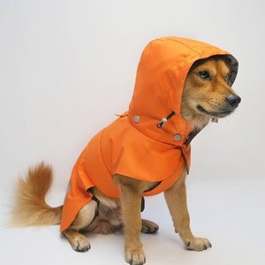 Custom made Dog orange waterproof raincoat, Puppy rain jacket with hood, Reflective pet rain slicker poncho with belly cover