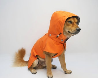 Custom made Dog orange waterproof raincoat, Puppy rain jacket with hood, Reflective pet rain slicker poncho with belly cover