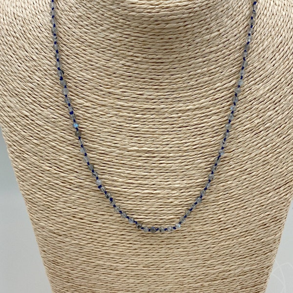 Tiny Beaded Iolite Necklace Hand Knotted on Navy Blue Silk I  Delicate Layering Necklace for Holidays I Boho Chic Style Jewelry