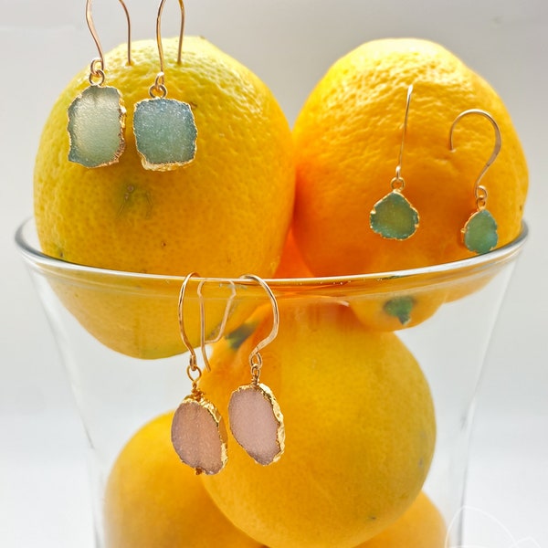 Organic Druzy Quartz Earrings in Aqua Green, Pink & Mint I Various shapes I Boho Summer Jewely I Lovely Holiday  Jewelry