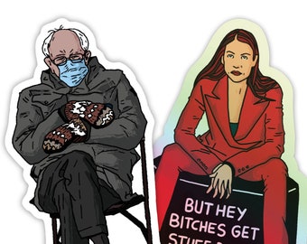 Bernie AOC Sticker Pack - Bernie Sanders Mittens Meme Decal - AOC Holographic Sticker - Sticker bundle - Sanders Sitting Meme 2021