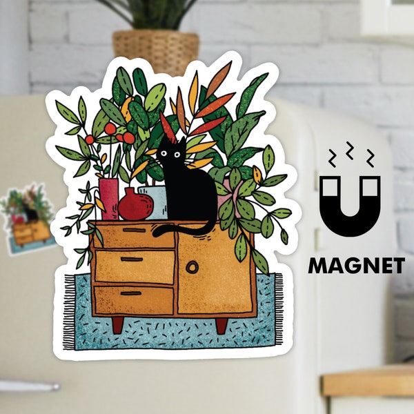 Black Cat Fridge Magnet - Cute Refrigerator Magnet - Boho Home Magnet - Plant Magnet