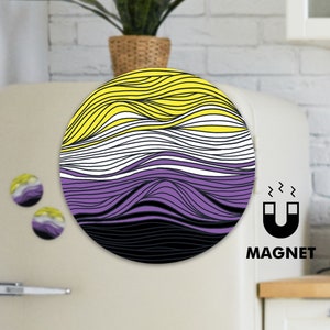 May include: A round magnet featuring a wavy pattern in purple, white, yellow and black. The magnet has the word "MAGNET" printed below it.