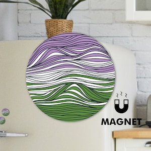 May include: A round magnet with a green, white, and purple wavy pattern. The magnet has the word "MAGNET" printed below it.